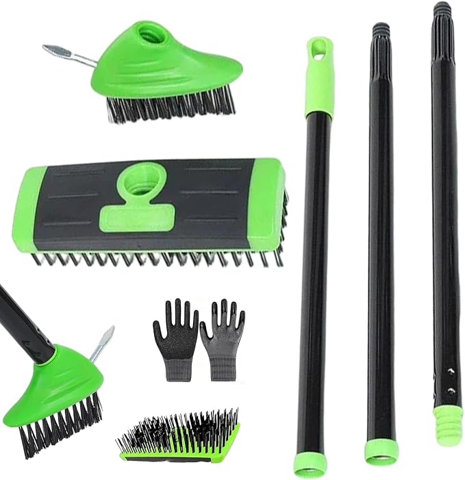 3-in-1 Versatile Weed Brush Combo Set, Floor Scrub Brush with Long Handle | Interchangeable Deck Cleaning Tool, Deck Brush for Patio, Concrete, Driveway & Outdoor Cleaning