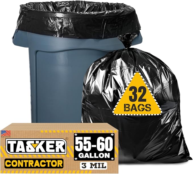 Tasker Contractor Garbage Bags 55 Gallon 3 Mil Heavy Duty (32 Bags w/Ties) 60 Gal Contractor Bags 3 Mil. 55 Gallon Heavy Duty X-Large Black Trash Bags 50 Gal,