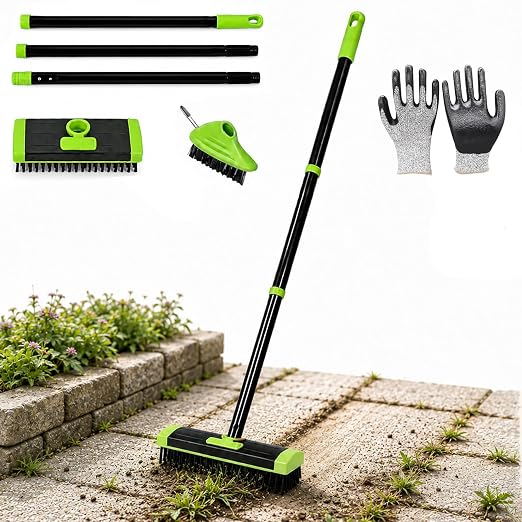 3-in-1 Weed Brush Set with Long Handle for Patio & Driveway (Green,3pcs) | Includes a floor scrub brush, gap cleaning brush and metal weeding hook for cleaning patios, concrete, decks and driveways.