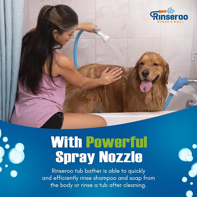 Rinseroo Slip-On Bathtub Faucet Sprayer Attachment, 5 Foot Hose | Ultra-Flex Dog Shower Hose Adapter, Portable with Sprayer Pet Showerhead, Attach Tub Spout, No Install for Speedy Washing