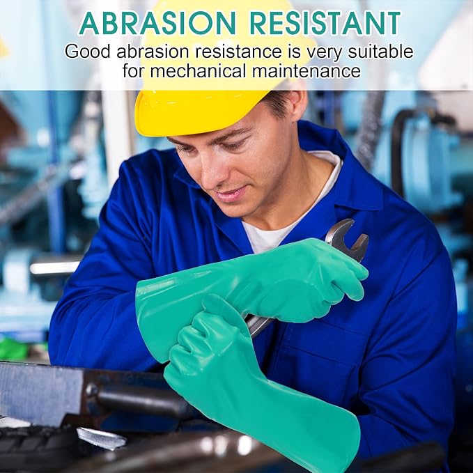 Potchen 20 Pairs Chemical Resistant Gloves 15 Mil Nitrile Gloves,X-Large | Reusable Green Rubber Gloves for Cleaning, Resist Household Acid, Alkali And Oil,long Cuff Arm Protection, Dishwashing