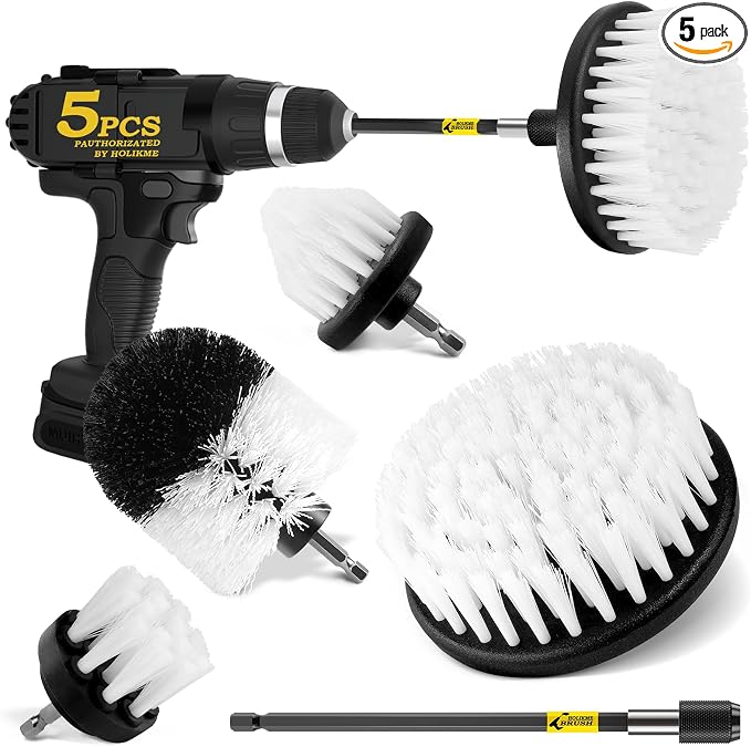 Holikme 5Pack Drill Brush Set with Extension for Car & Bath Detailing | 4 nylon scrub brushes,white,Power scrubber kit for Bathroom Surfaces, Grout, Floors, bathtubs, Tiles, Kitchen and Car