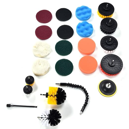 23PCS Drill Brush Attachment Set, Power Scrub Cleaning Kit with Brushes Scouring Pads Sponge and Extension Rods for Household Deep Cleaning of Kitchen Bathroom Car
