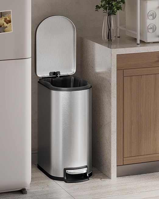 GarveeHome 13 Gal / 50 L Stainless Steel Kitchen Trash Can with Lid, Slim Step-On Garbage Bin, Large Rustproof Metal Trash Can with Soft Close, Inner Bucket & Rear Handle, Silver