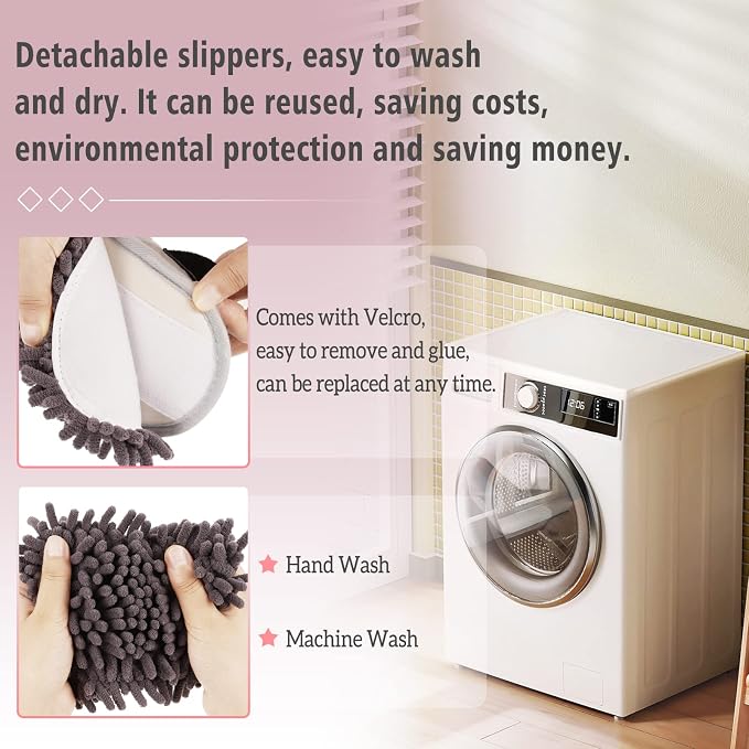 Detachable Dog Mop Slippers for Floor Dusting, Gray | Washable Microfiber Cleaning Slippers for Kitchen Room Office, Non Slip Mopping Slippers for Women
