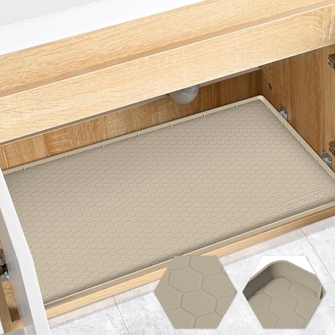 Silicone Under Sink Mat, 28"x19", Waterproof Cabinet Liner, Khaki | Shelf Liner, Cabinet Protector, Home Organizer, for Kitchen, Bathroom, Multipurpose, Leak Proof, Easy Clean, Drip Tray, Clean