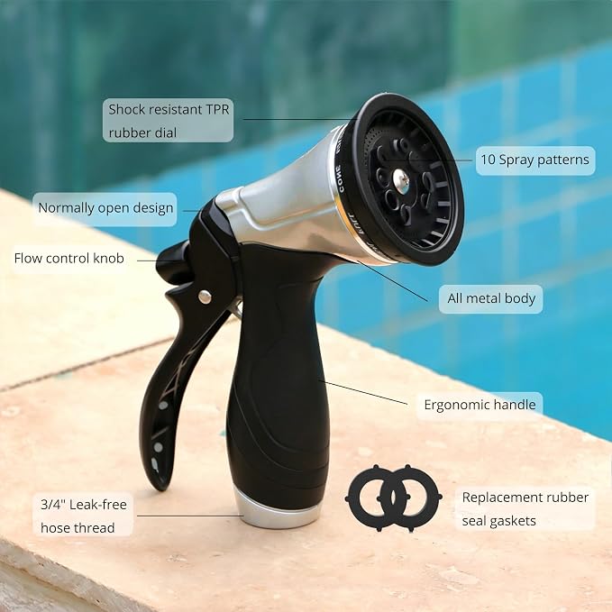 QUOBAS Metal Garden Hose Nozzle, Heavy Duty Water Hose Sprayer, Leak Proof | 10 Pattern Water Nozzle with Rubber Gasket, Garden Sprayer for Watering Plants, Washing Cars, Pet Shower, Black