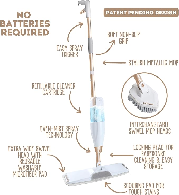 Quick Shine Multi-Action 11 Piece Interchangeable Spray Mop Kit w/Cleaner | Ultimate Gold All-In-One Pro Cleaning System, Lightweight Mop w/ Assorted Microfiber Pads & Triangular Attachmets