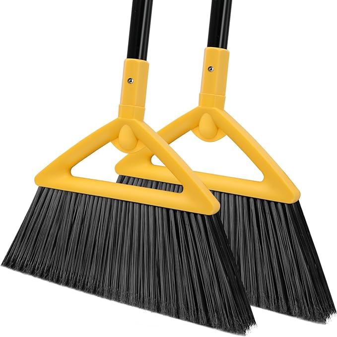 Heavy Duty Yellow Angle Broom with Long Handle - 2 Pack | Versatile Indoor/Outdoor Sweeping, for Courtyard/Garage/Sidewalk/Kitchen/Lobby/Canteen, Durable & Efficient