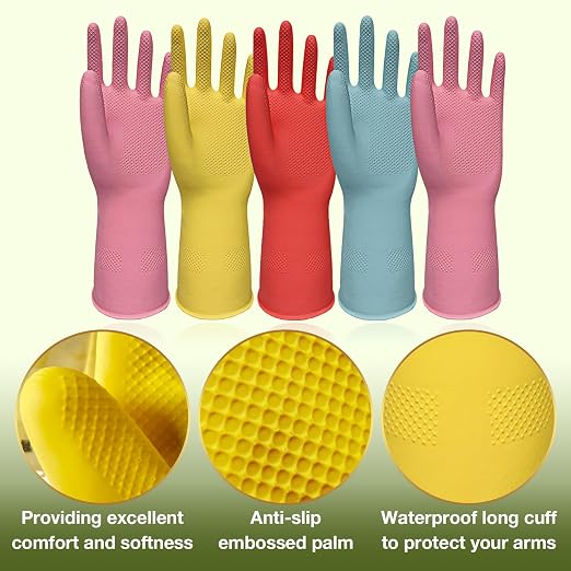 Kitchen Dish Washing Gloves 5 Pairs Rubber Cleaning Reusable Gloves Large | Colorful Dish Gloves, Non-Slip Grip, Household Gloves, 12.6-Inch Cuff, Soft Skin-Friendly Rubber, Multi-Use, Long-lasting