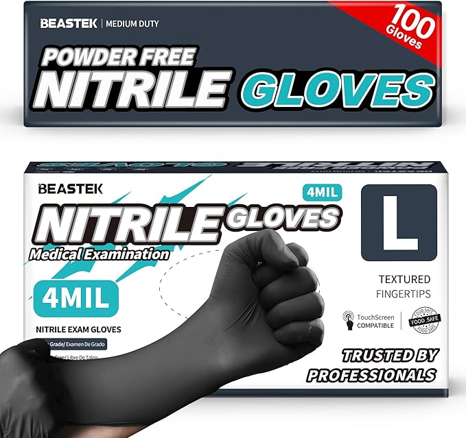 Black Nitrile Exam Gloves, 4 Mil, Powder-Free Food Prep Disposable | Soft+ • Powder-Free • Latex-Free • Medical • Examination • Cooking • Cleaning • Food Prep • Tattoo • Black • 100 Ct & 1000 Ct