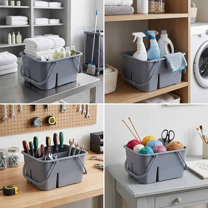Cleaning Supplies Basket Portable Tool Storage Organizer Four Compartments Double Handle Bucket Multipurpose for Housekeeping
