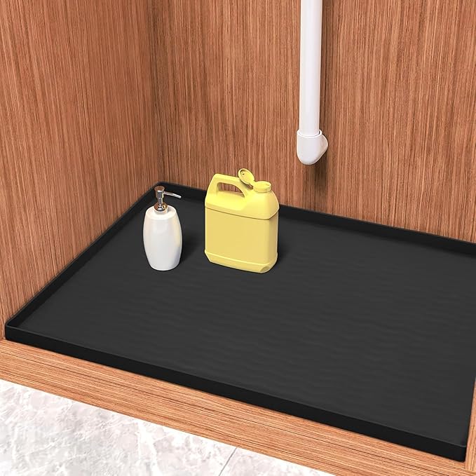URMONA Waterproof Silicone Under Sink Mat 25'' x 19'' Shelf Liner for Kitchen and Bathroom, Cabinet and Counter Protector, Storage and Organizers, Litter Mat, Pet Cat Puppy Essentials(Black)