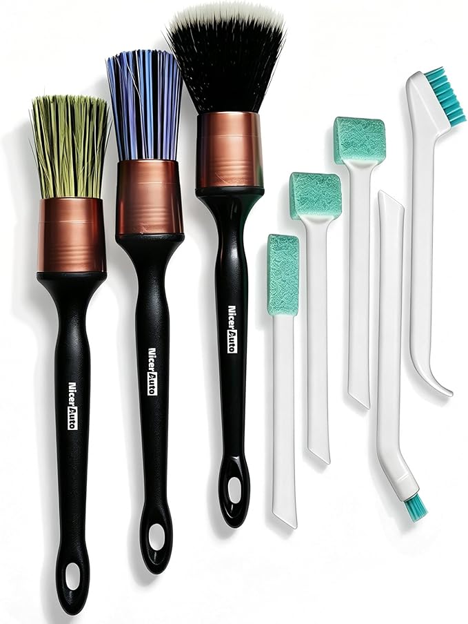 8PCS Car Detailing Brush Set, Mixed Bristles Soft Detail Brushes, Rose Gold | Boars Hair & Ultra Soft Auto Detailing Brush, No Scratch for Leather Dashboard, 5 Crevice Tools Reach AC Outlet, Wet Dry Use