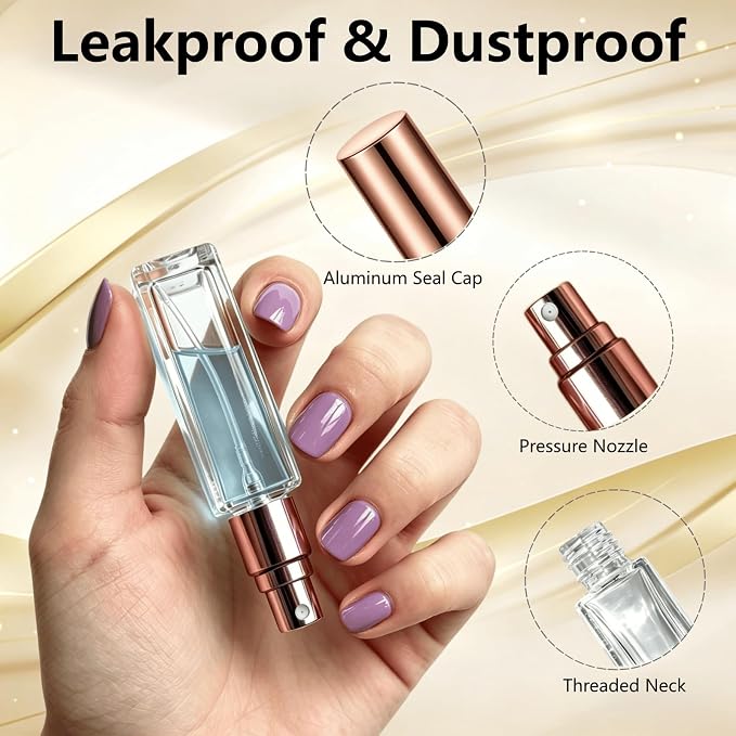 Perfume Travel Refillable, 6 Pcs 10 ml Glass Atomizers (Rose Gold) | Leak-resistant fine mist spray, mini perfume bottle set with filling tools, portable for travel, gym, office and daily use