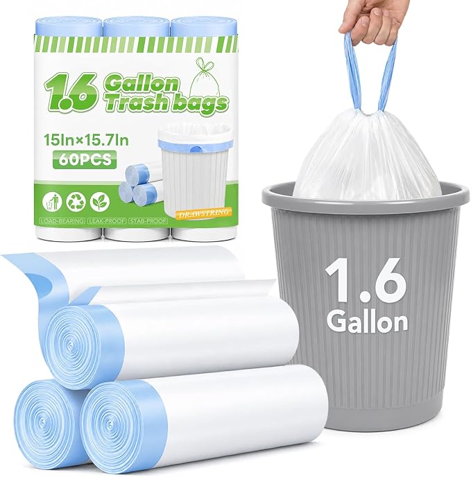 Delxo 1.6 Gallon Small Drawstring Trash Bags Mini Garbage Bags 60 Counts | Code Fit 1.2 - 2.0 Gallon Bathroom Trash Can Bin Liners, 4.5-8 Liter Plastic Garbage Bag for home office kitchen, White