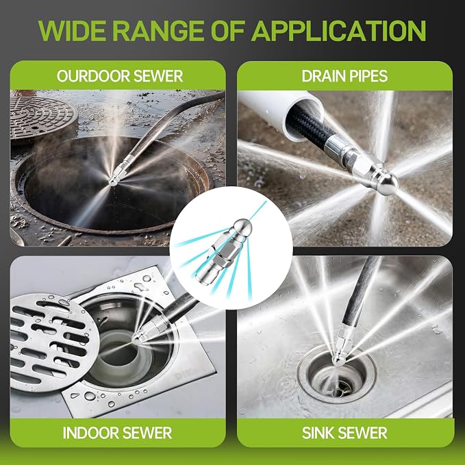 Pressure Washer Sewer Jetter Nozzle with 3/8" Quick Connect, 5000 PSI | Stainless Steel High Pressure Washer Drain Cleaning Hose Nozzle Pressure Washer Pipe Cleaner Attachment