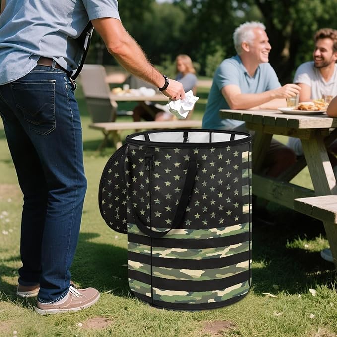 24Gal American Flag Collapsible Trash Can Camo Waterproof Pop-Up Bin w/Lid for Camping & Backyard | Leakproof Yard Waste Bag (Patriotic Decor)