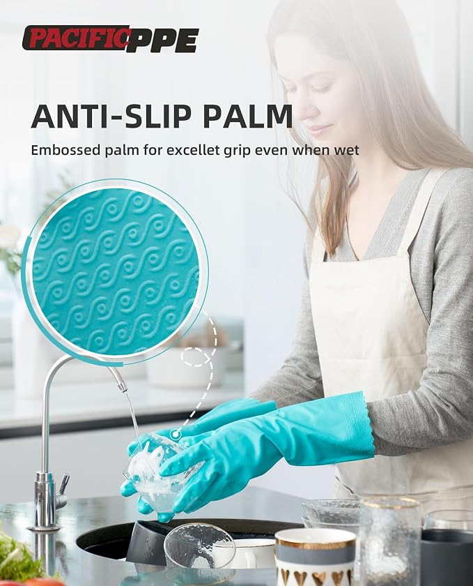 4 Pairs Dishwashing Gloves, Cotton Flocked Liner, Green, Large | Waterproof dishwashing gloves with non-slip grip, soft cotton lining, flexible fit for kitchen, bathroom, laundry & cleaning