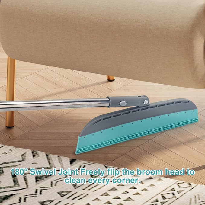 Multifunction Rubber Air Broom, Silicone Floor Squeegee Broom with 59" Long Handle, Scraping Broom for Floor Bathroom Kitchen Shower Tile Pet Hair Fur Marble Glass Water Window Foam Cleaning, Blue