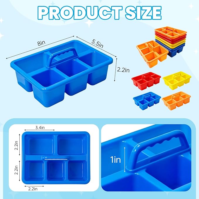 8 PCS Classroom Caddy, Supply Cleaning Caddy for Classroom, 8”×5.7”×3” | Plastic Caddy Organizer with Handle, 5 Compartment Small Portable Storage Bin for Classrooms, Office, Assorted Colors