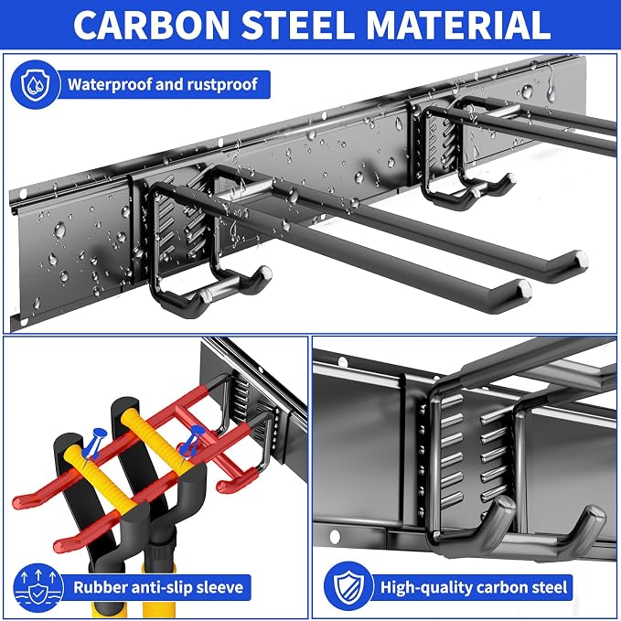 Garage Tool Organizer Wall Mount, 48inch Heavy Duty Garden Tool organizer Storage System, Easy Install With 6 Adjustable Bilayer Hooks, For Garage, Basement, Shed, Workshop(Black)