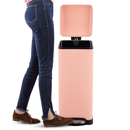 happimess Betty 8 Gal Step Trash Can Soft-Close Lid, Flamingo Pink | Removable Liner, Semi-Rectangular, Steel Pedal, Iron Powder Coated, 27" Height, Non-Skid Base