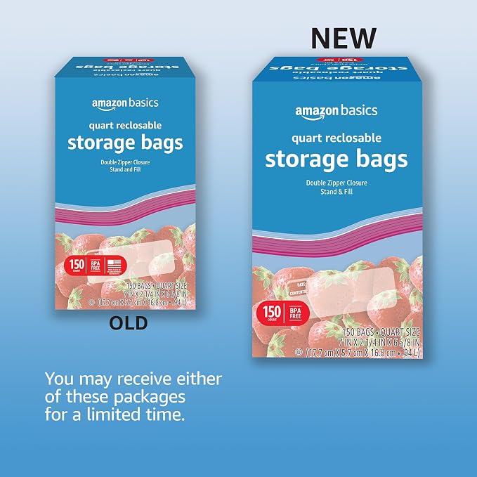 Amazon Basics Reclosable Quart Food Storage Bags with Double Zipper Seal, BPA Free, 150 Count (Pack of 6)