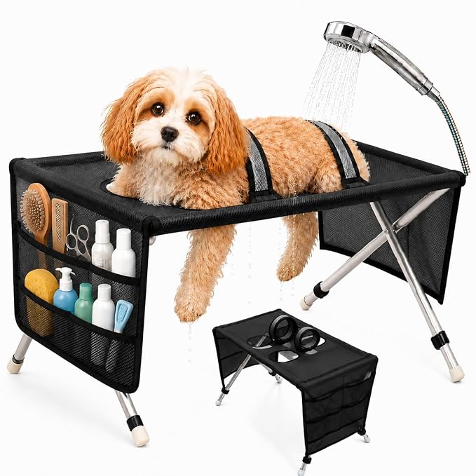 Dog Bath Hammock with Foldable Pet Bathing Stand (Upgraded Version - Black) | For bathing, paw cleaning, nail trimming and grooming Small/Medium Dogs in showers, laundry rooms and home pet care areas