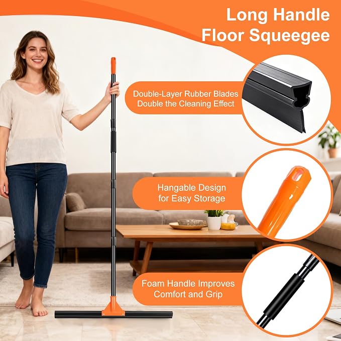 BUVE 18" Heavy Duty Floor Squeegee for Concrete Water Removal | Double-layer Rubber Wiper Broom|60" Long Metal Handle for Concrete Tile Garage Deck Bathroom Kitchen Pool|Orange