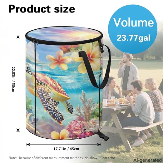 Floral Turtle 24 Gallons Collapsible Camping Trash Can with Lid Waterproof Pop Up Garbage Can for Outdoor Large Capacity Reusable Trash Bin for Yard Lawn Garden Garbage Bag
