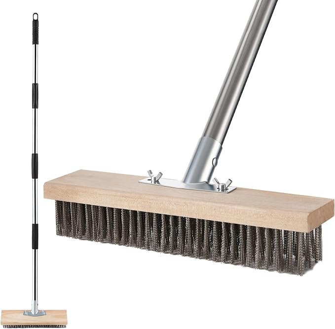Wire Brush Long Handle 57'' Remove Moss on Deck Concrete Patio | Heavy Duty Outdoor Scrub Broom with Metal Stiff Bristle, Large Wire Scrubber for Weeds Removal in Garage Garden Roof Balcony