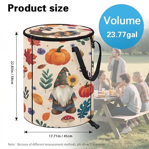 doginthehole Fall Leaves Pumpkin Turkey Outdoor Trash Can Storage Collapsible Pop-up Recycle Trash Can 22.83x17.71 Waterproof Garbage Bin Bag with Lid, Thanksgiving Day Party Supplies Fall Decor