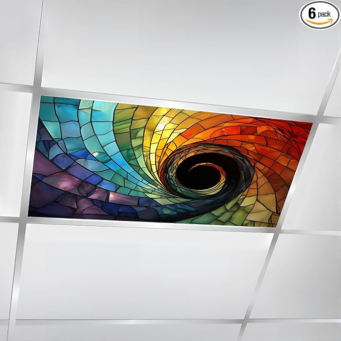 6 Pcs Fluorescent Light Covers for Ceiling Lights Colorful stained glass spiral Magnetic Decorative Shade Filters 4x2 ft for Classroom Office Hospital Decor