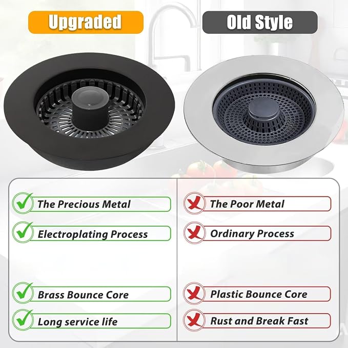 Anlige Kitchen Sink Drain Strainer, 3 in 1 Pop Up Kitchen Sink Stopper | with An Extra Basket Strainer, Universal for US Standard 3-1/2 Inch, Black