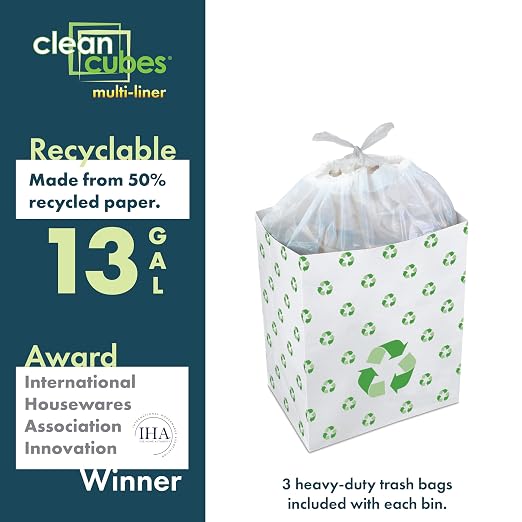 Clean Cubes 13 Gallon Multi-Liner Pop-Up Trash Cans, 3-Pack (Recycle) | 3 Stacked Liners Per Bin, 9 Uses Per Pack, Swap Liners Without Touching Trash, No Assembly, Wire-Reinforced Opening