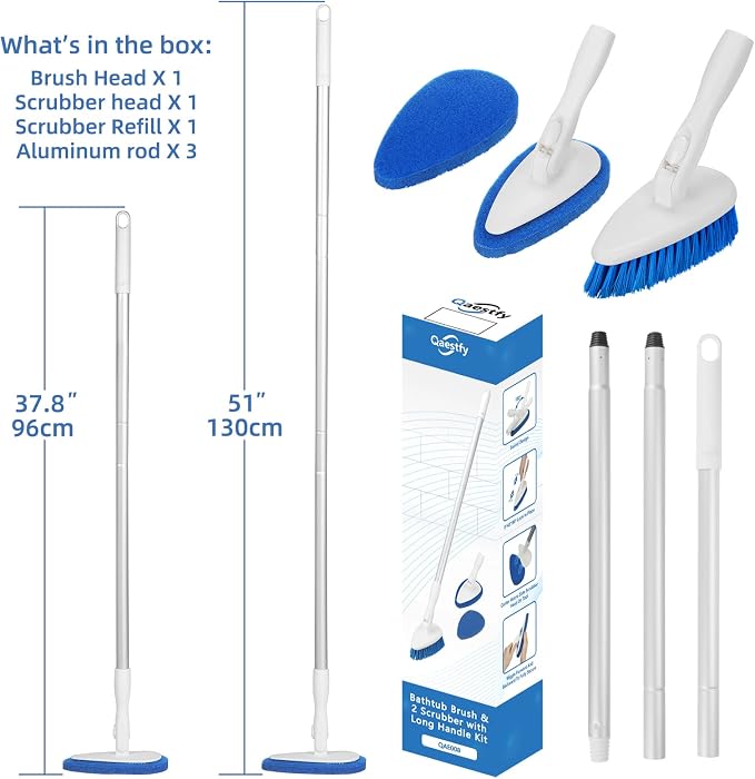 Qaestfy Shower Bathtub Tub and Tile Scrubber Brush with 51'' Adjustable Long Handle Cleaning Brushes Lock in Place Scrub Brush Head for Bathroom Wall Floor Scrubbing Model QAE008