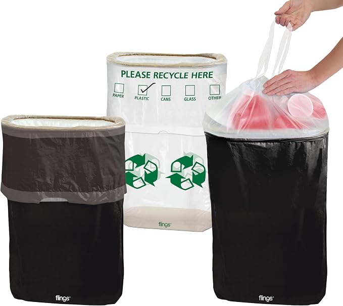 Party City Flings Plastic Bin (3-Pack) - Black (2) and Recycle (1) - 22 x 15 - Stylish & Convenient Portable Waste Solution for Events & Parties