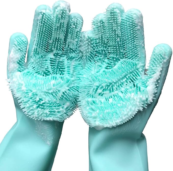 Silicone Dishwashing Gloves, Pet Grooming Rubber Scrubbing for Dishes, Sponge Wash Cleaning with Scrubbers (13.6" L)