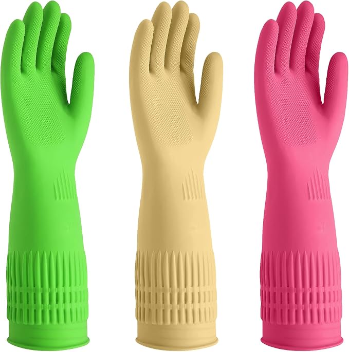 Reusable Rubber Cleaning Gloves - Waterproof, Non-Slip 15" Long Cuff Kitchen Gloves for Dishwashing, 3 Pairs (Yellow, Red, Green), Medium