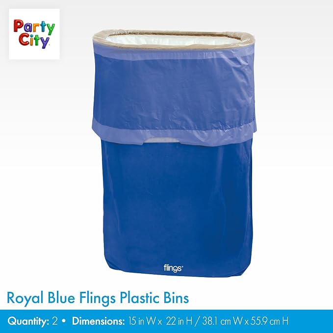 Party City Flings Plastic Bin (3-Pack) - Royal Blue (2) and Recycle (1) - 22 x 15 - Stylish & Convenient Portable Waste Solution for Events & Parties