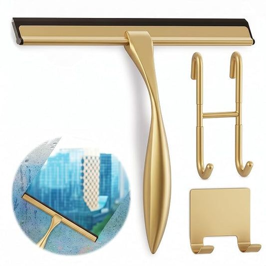 Stainless Steel Shower Squeegee, Glass, Silicone, 10 Inch (Gold) | Shower Door Squeegee with Silicone Blade, Adhesive & Hanging Hooks for Mirror, Tile, Window, Car, Multi-Surface Everyday Use