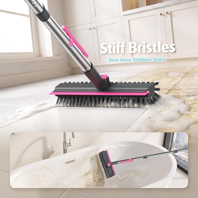 AIR U+ Floor Scrub Brush with Long Handle, 4 in 1 Floor Scrubber & Squeegee | Small Scrubber with Stiff Dual-Sided Bristles and Rotating Head for Shower, Bathroom, Bathtub, Kitchen and Patio, Pink