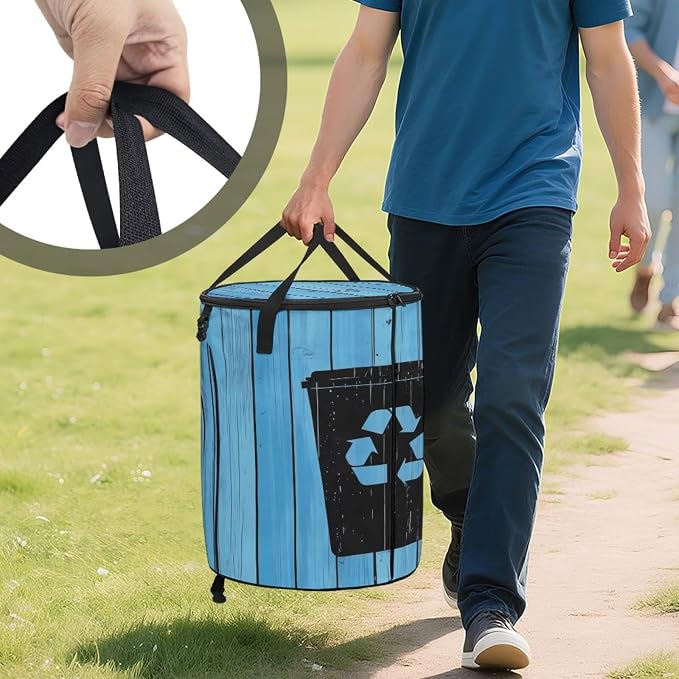 Collapsible Trash Can for Lawn and Yard Garden Leaf Bin, 24 Gallon Large Capacity Foldable Waster Bag with Lid and Handles Blue Recycle Sign Print