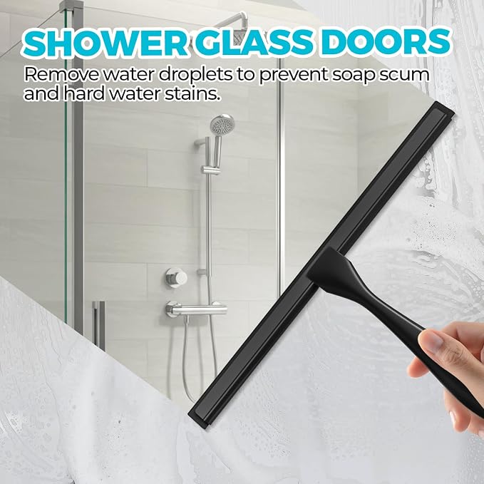 12" Shower Squeegee for Glass Doors, Tile Walls, Car Windows, Black | Bathroom Accessories, New Home Essentials, Silicone Blade, Metal Handle, Adhesive Hook, Household Tool, Multipurpose Cleaner