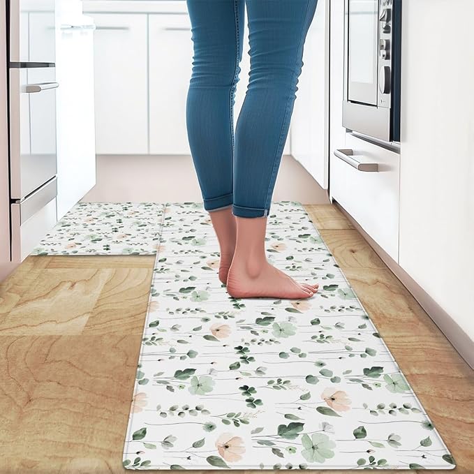 Feelyou Boho Floral Cushioned Kitchen Mats for Floor 2PCS Spring Tropical Leaves Waterproof Non Slip Kitchen Rugs for Kitchen, Office, Modern Farmhouse Abstract Flower, 17.3"x28"+17.3"x47"inch