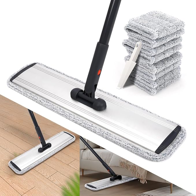 24" Flat Mop for Cleaning Floors,Easy Wringing&Deep Cleaning with 4 Pads | Heavy-Duty Microfiber Mop,Includes 4 Reusable Mop Cloths and Adjustable Long Handle,Wet/Dry Use,Suitable for Hard Floors