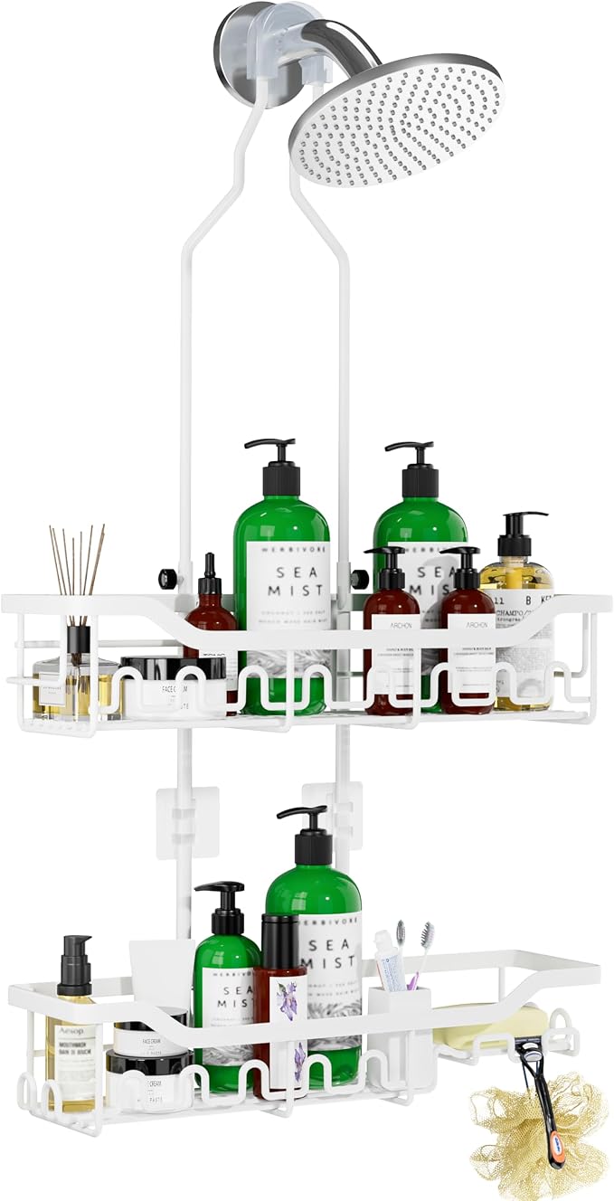 Shower Caddy Hanging Organizer, Extra Large Rack Over Showerhead with Hooks, Adjustable Height Shower Caddy for Big Shampoo Bottle, White