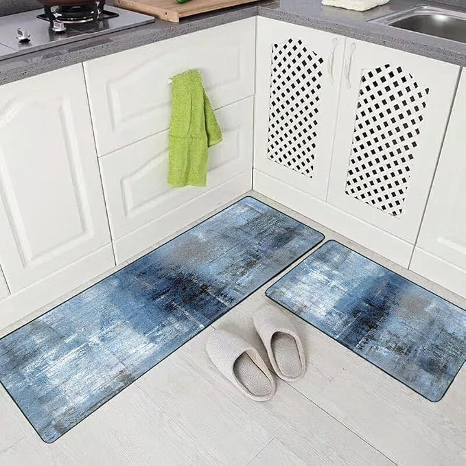 TOMWISH Kitchen Mats for Floor 2 Piece Set Blue Kitchen Runner Rug Non Skid | Cushioned Kitchen Floor Mat Vintage Office Farmhouse Runner Mat for Laundry 18"X48"+18"X30" Kitchen Decor and Accessories