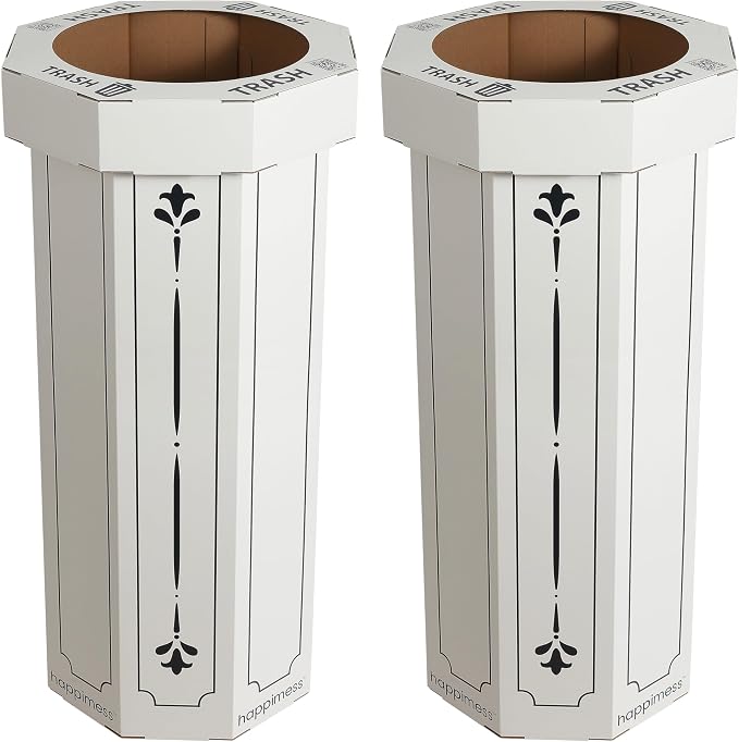 happimess Fleur 25 Gal Trash Can Bin, Bridal Ivory, Set of 2 | Event Recycling, Traditional Classic Disposable Corrugated Cardboard, 32" Height, 16" Width, 16" Depth